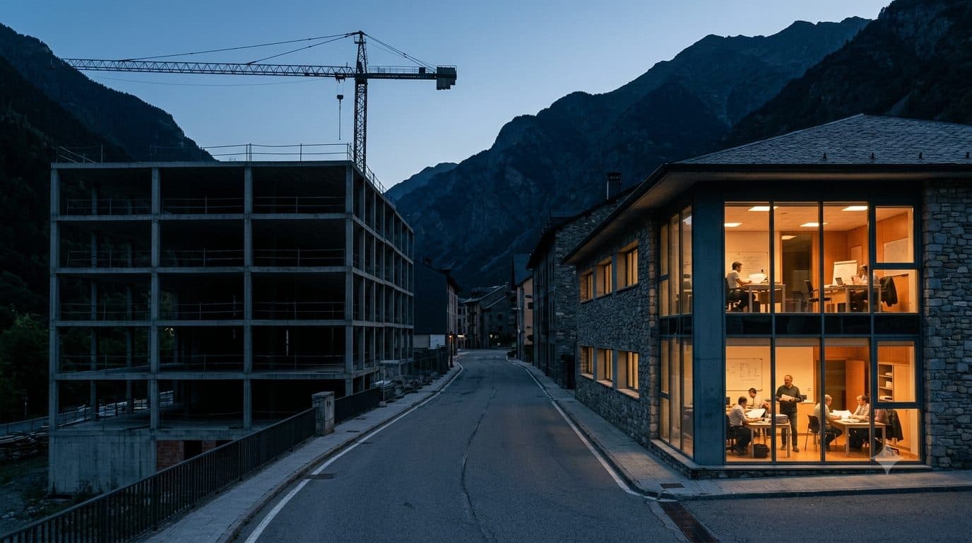 Grúa parada junto a oficinas ocupadas en una calle de un valle andorrano, economía de Andorra 2026