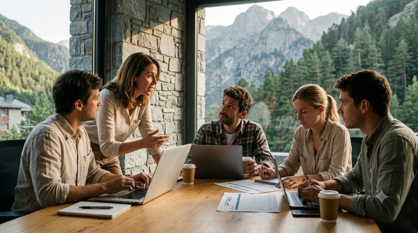 Fundadores de una startup reunidos en una oficina de un valle andorrano, Fundació AndUp startups Andorra